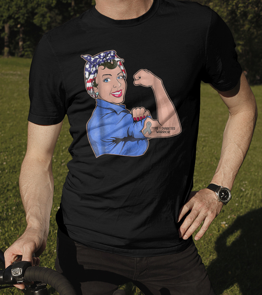 Type 1 Diabetes Warrior American Flag Rosie The Riveter Style Lady Girl35 T-Shirt