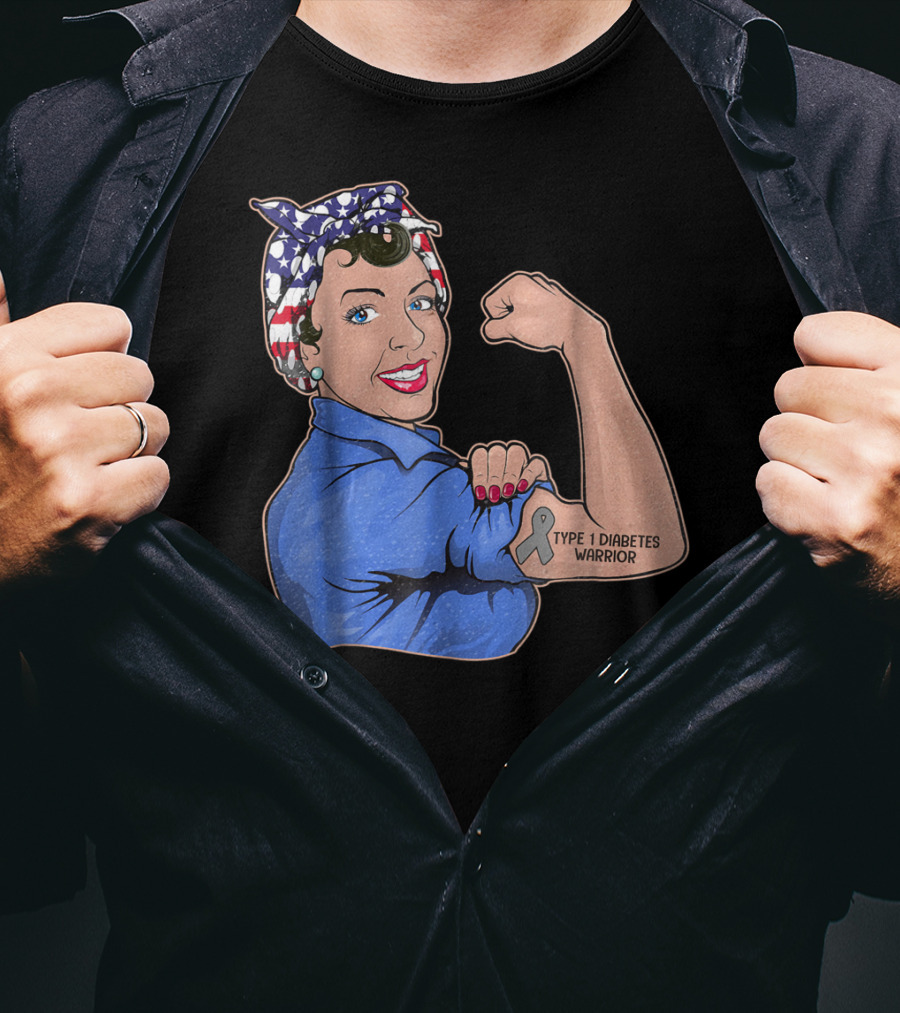 Type 1 Diabetes Warrior American Flag Rosie The Riveter Style Lady Girl35 T-Shirt