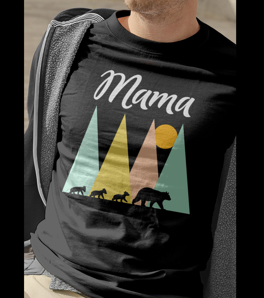 Mama Bear With Three Cubs Camping In The Mountains T-Shirt