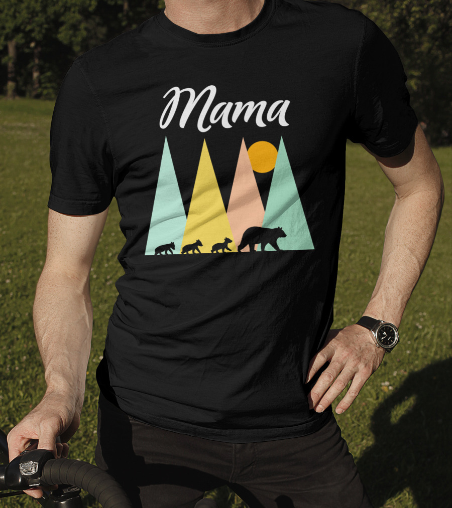 Mama Bear With Three Cubs Camping In The Mountains T-Shirt
