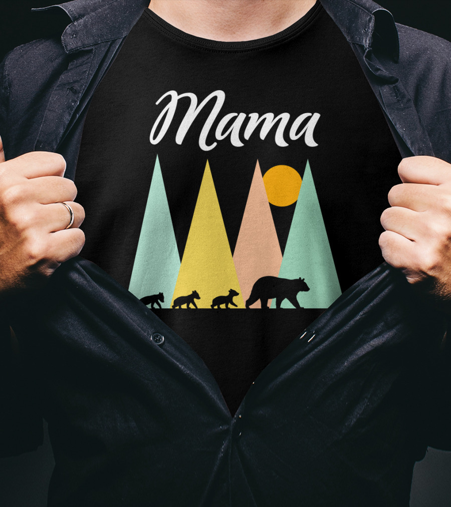 Mama Bear With Three Cubs Camping In The Mountains T-Shirt