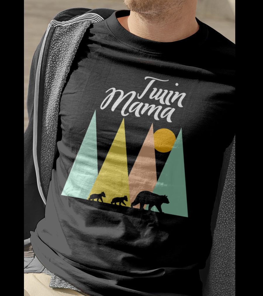 Twin Mama Bear With Cubs In Colorful Forest Scene T-Shirt