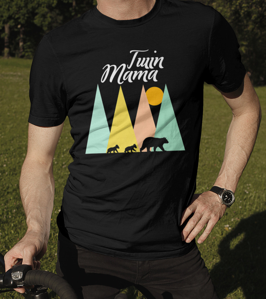 Twin Mama Bear With Cubs In Colorful Forest Scene T-Shirt