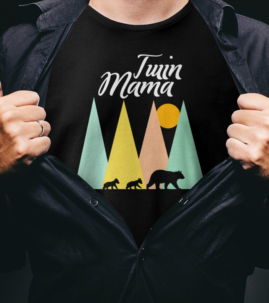 Twin Mama Bear With Cubs In Colorful Forest Scene T-Shirt