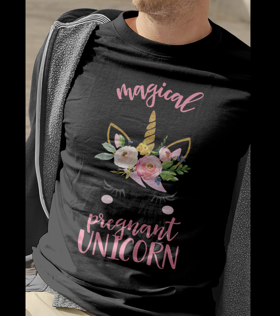 Magical Pregnant Unicorn Floral Horn T-Shirt