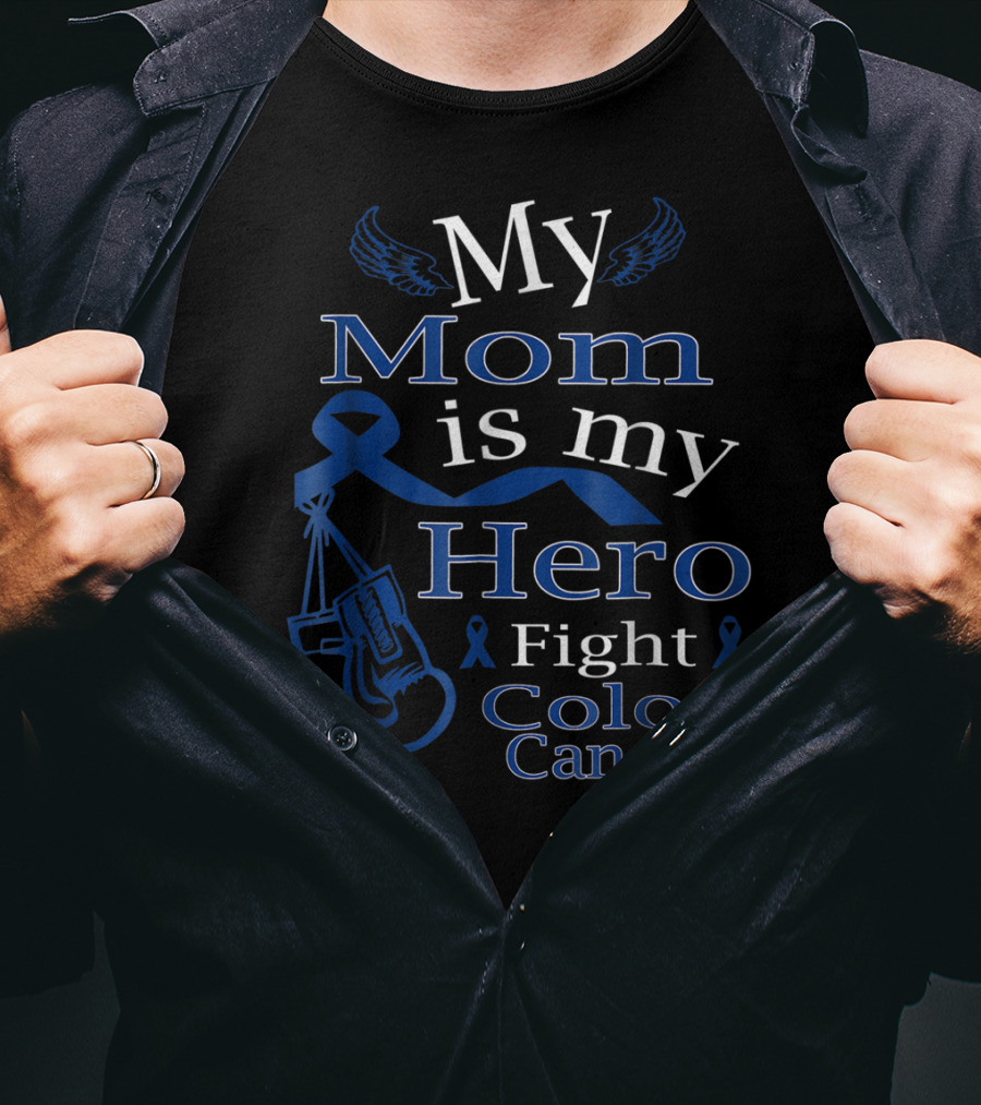 My Mom Is My Hero Fight Colon Cancer Blue Ribbon Boxing Gloves T-Shirt