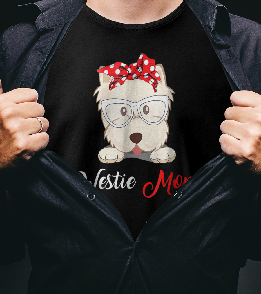 Westie Mom Glasses And Red Bow Dog Mom T-Shirt