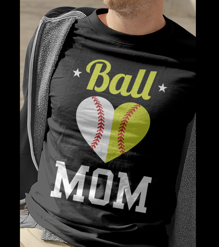 Ball Mom Heart Baseball Softball Dual Sports Mom T-Shirt