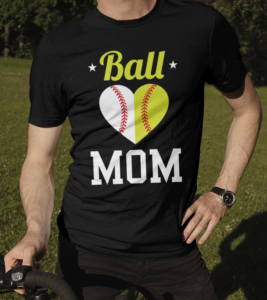 Ball Mom Heart Baseball Softball Dual Sports Mom T-Shirt