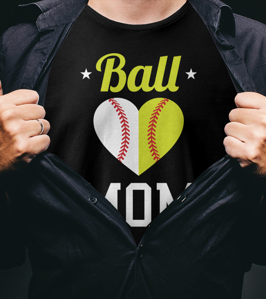 Ball Mom Heart Baseball Softball Dual Sports Mom T-Shirt