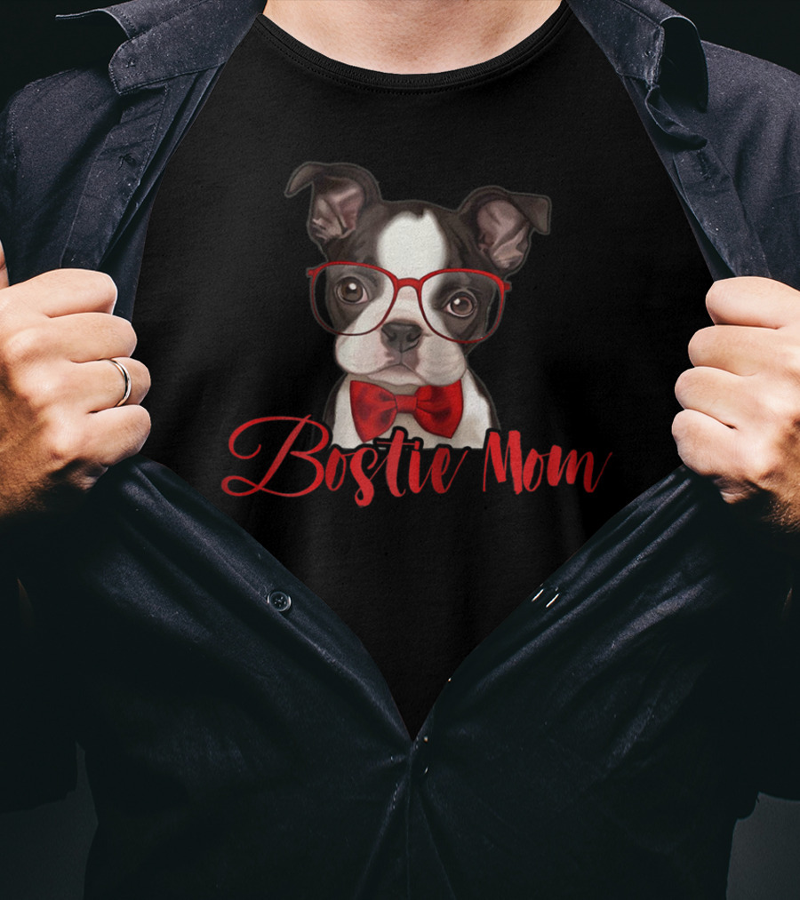 Bostie Mom Funny Boston Dog With Glasses And Bow Tie T-Shirt
