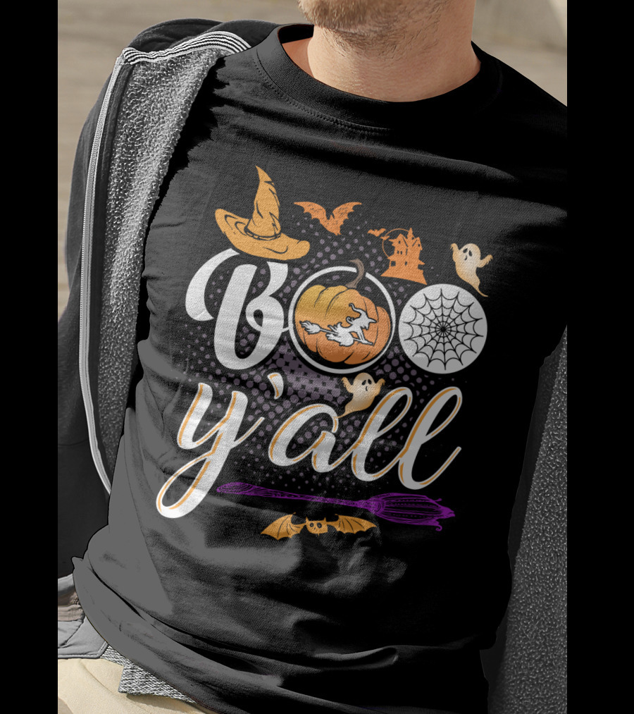 Boo Y'all Halloween Witch Hat Pumpkin Ghost Spiderweb Broomstick T-Shirt