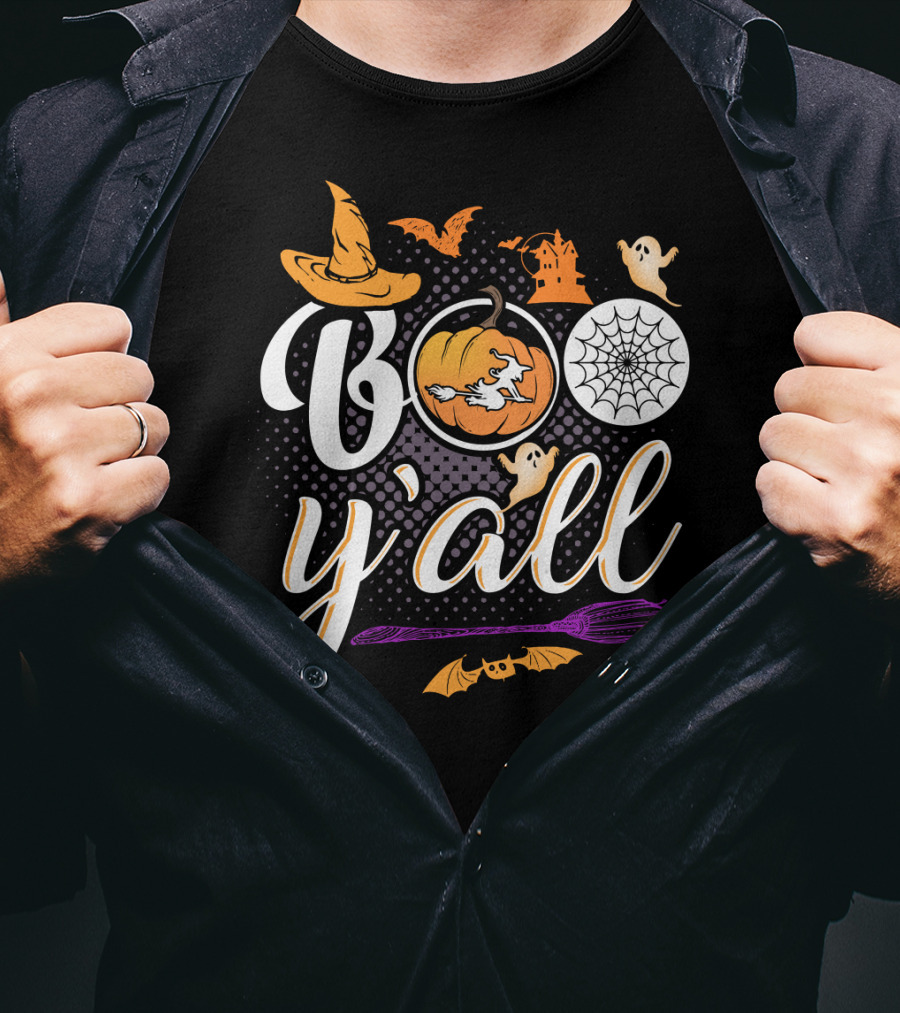 Boo Y'all Halloween Witch Hat Pumpkin Ghost Spiderweb Broomstick T-Shirt