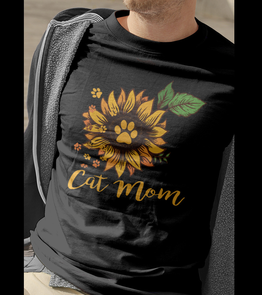 Cat Mom Sunflower Paw Prints T-Shirt