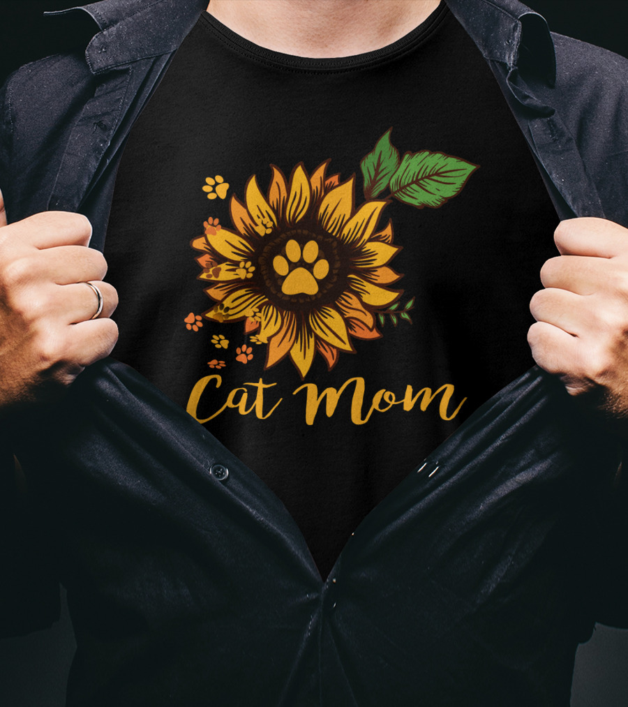 Cat Mom Sunflower Paw Prints T-Shirt