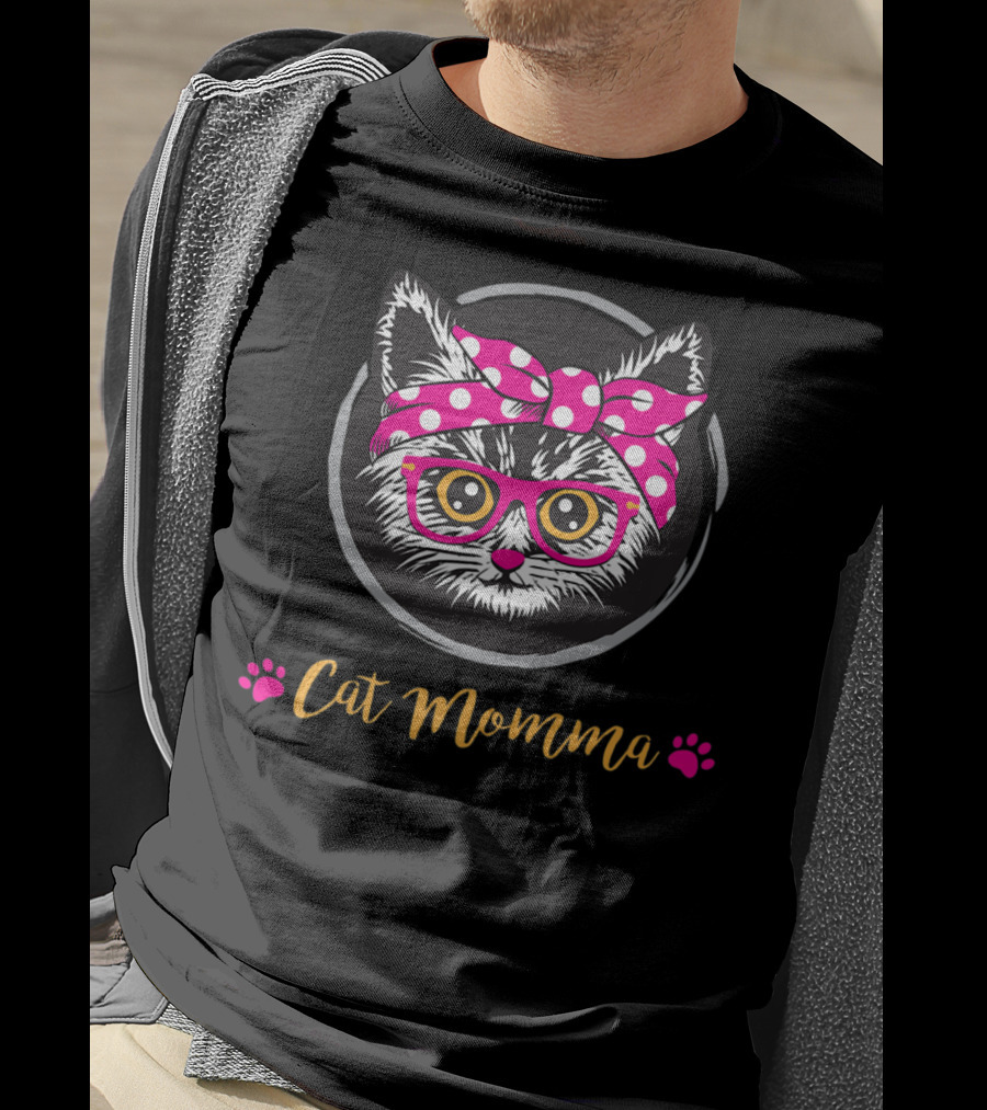 Cat Momma Pink Bow Glasses Paws T-Shirt