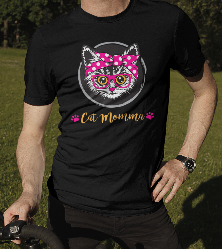 Cat Momma Pink Bow Glasses Paws T-Shirt