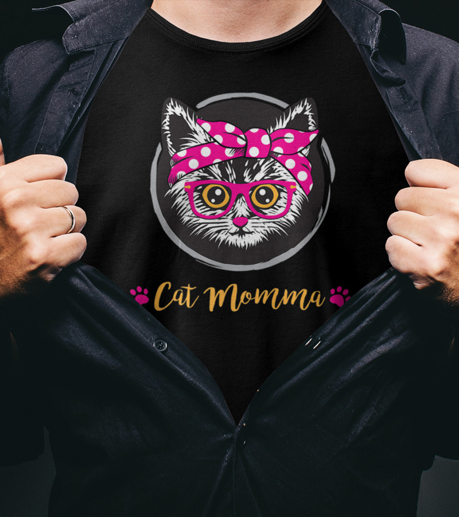 Cat Momma Pink Bow Glasses Paws T-Shirt