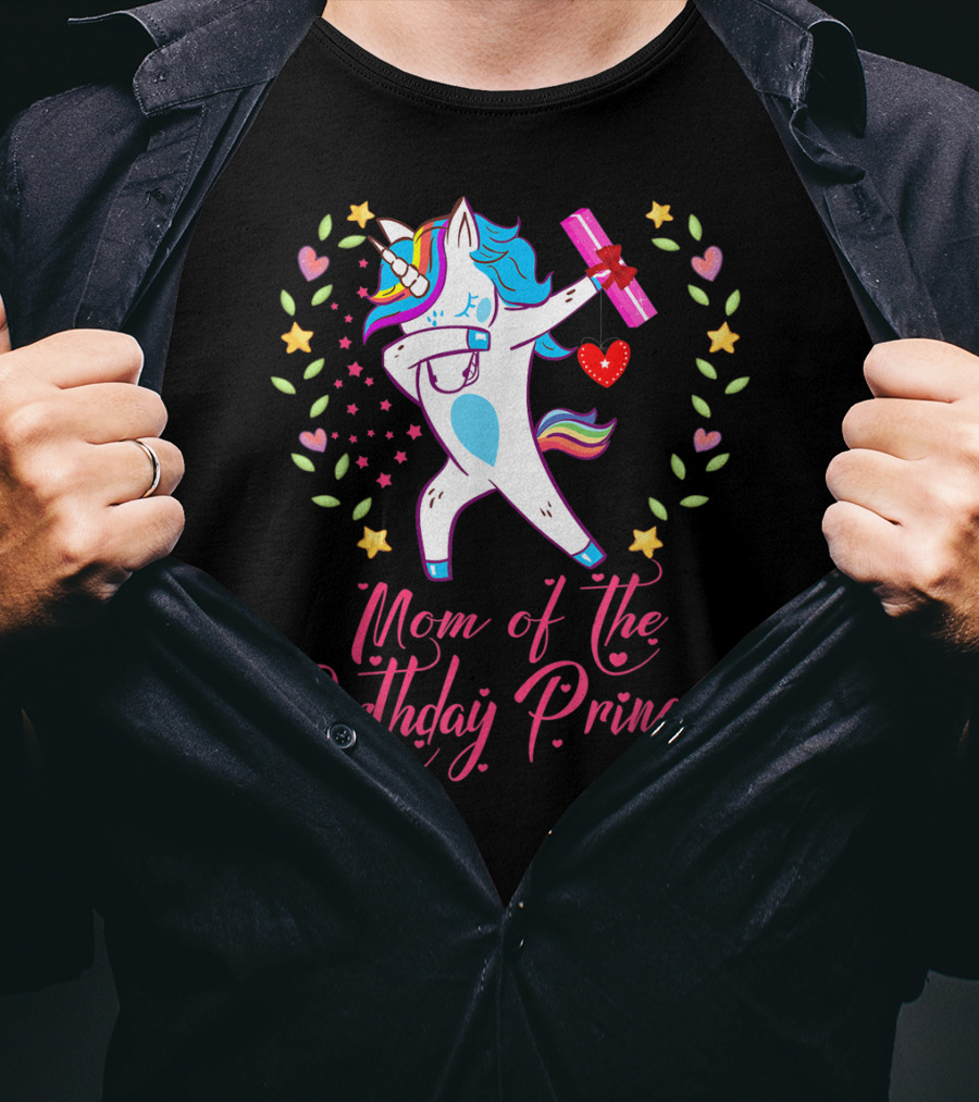 Mom Of The Birthday Princess Unicorn Stars Hearts Rainbow T-Shirt