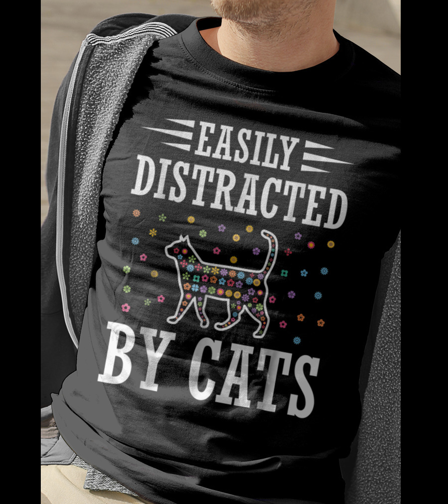 Easily Distracted By Cats Colorful Floral Cat T-Shirt