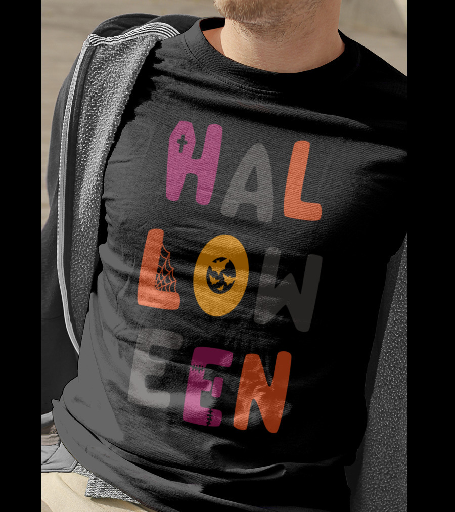 Halloween Cute Teacher Mom Dad Spider Bat Cross Stitched Text T-Shirt