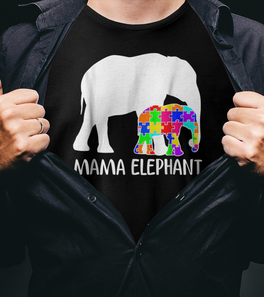 Mama Elephant Autism Awareness Puzzle Elephant Mother T-Shirt