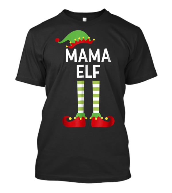 Mama Elf Mom Cute Matching Family Christmas Elves Green Hat Red Shoes Striped Socks T-Shirt