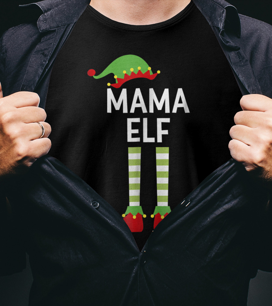 Mama Elf Mom Cute Matching Family Christmas Elves Green Hat Red Shoes Striped Socks T-Shirt