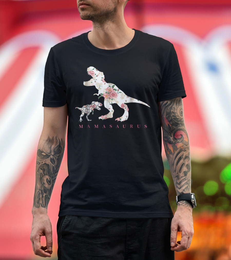 Mamasaurus Dinosaur With Floral And Puzzle Pattern For Autism Awareness T-Shirt