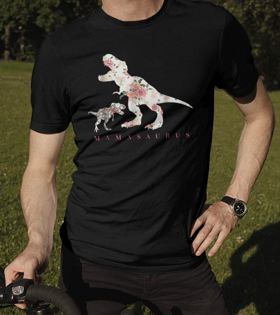 Mamasaurus Dinosaur With Floral And Puzzle Pattern For Autism Awareness T-Shirt