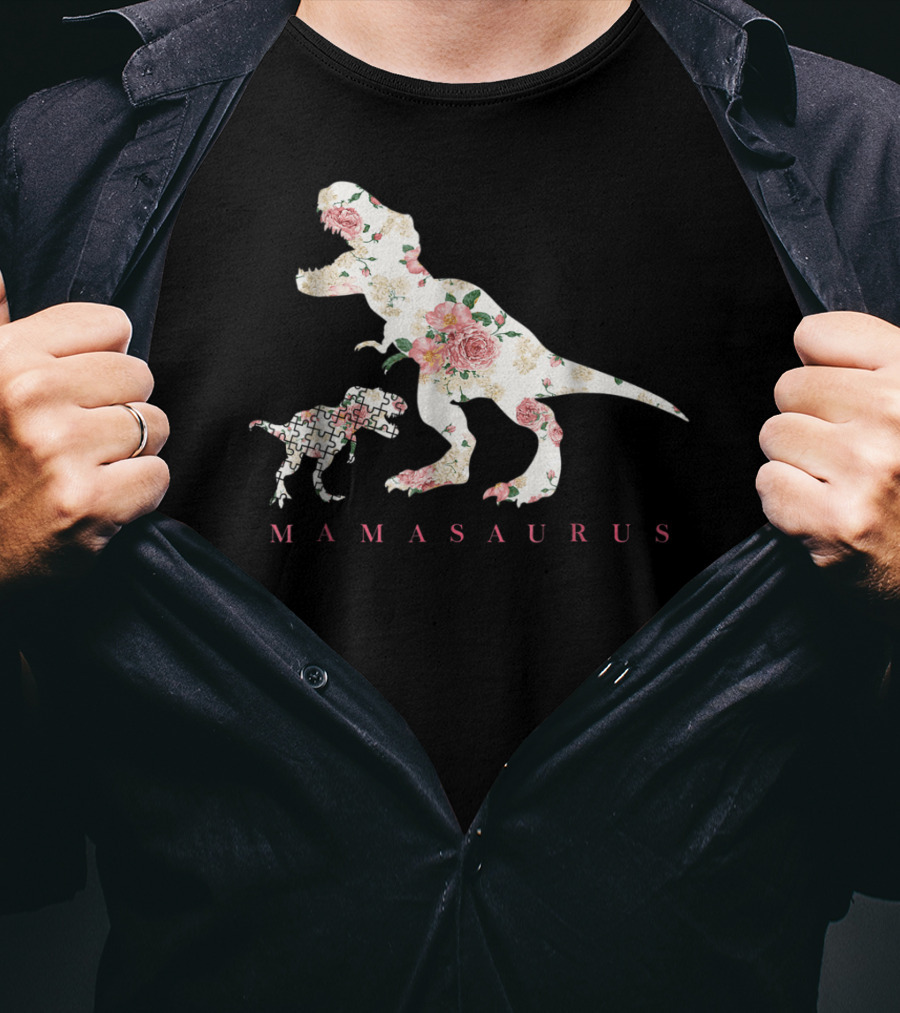 Mamasaurus Dinosaur With Floral And Puzzle Pattern For Autism Awareness T-Shirt