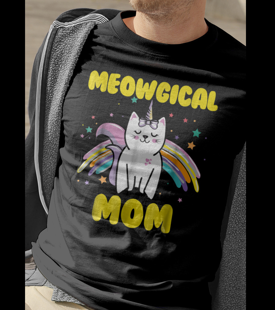 Meowgical Mom Magical Kitty Cat Unicorn Stars And Rainbow Wings T-Shirt