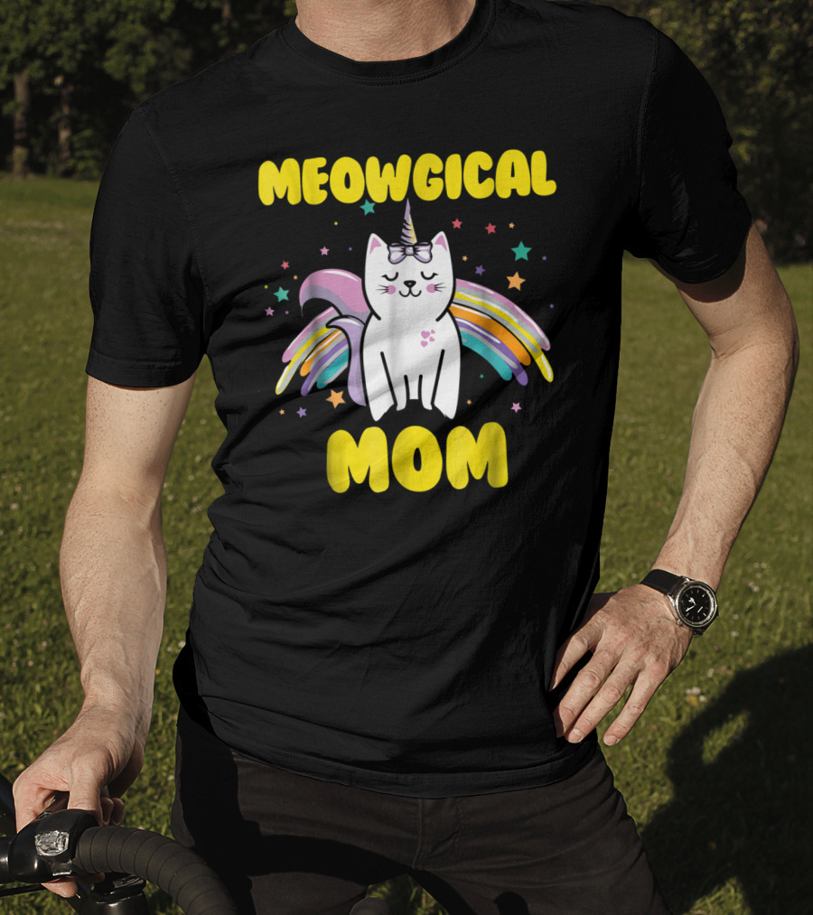 Meowgical Mom Magical Kitty Cat Unicorn Stars And Rainbow Wings T-Shirt