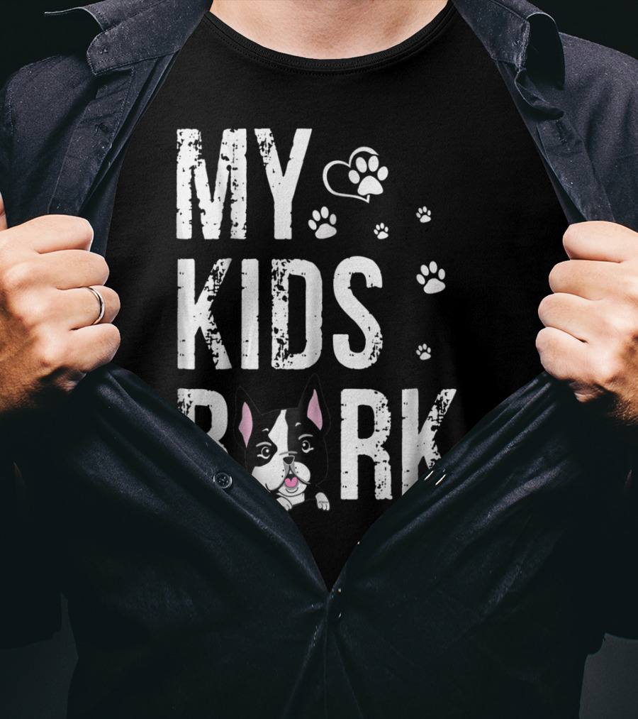 MY KIDS BARK Dog Paws Heart Icon Boston Terrier T-Shirt
