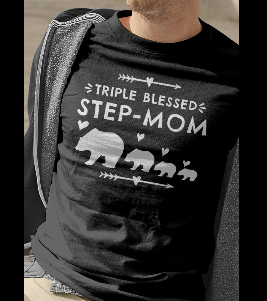 Triple Blessed Step-Mom Bear With Heart And Arrow Motif T-Shirt