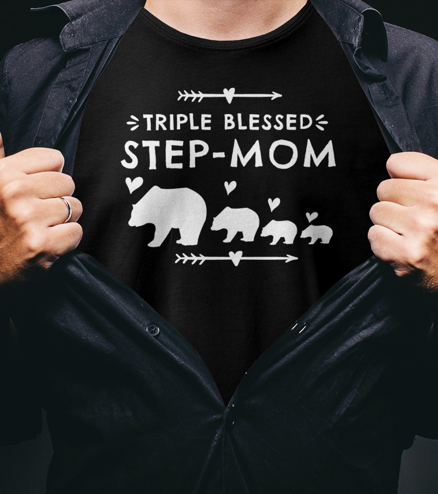 Triple Blessed Step-Mom Bear With Heart And Arrow Motif T-Shirt