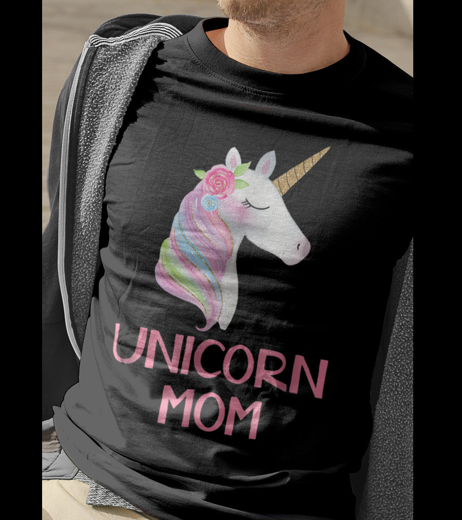 Unicorn Mom Watercolor Pink Flowers And Gold Horn Rainbow Mane T-Shirt