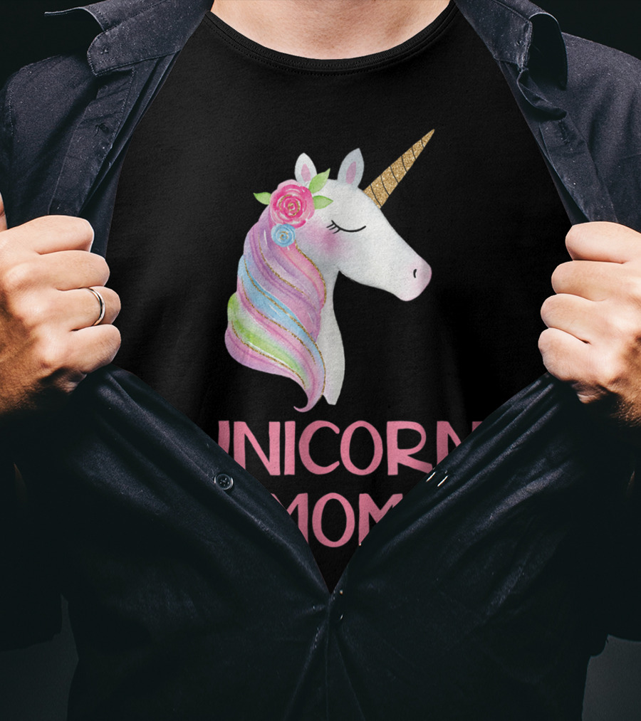 Unicorn Mom Watercolor Pink Flowers And Gold Horn Rainbow Mane T-Shirt