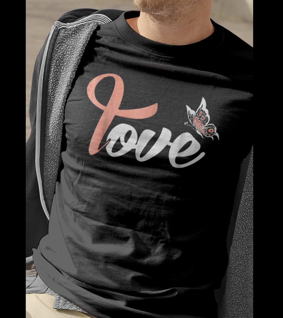 Uterine Cancer Awareness Love Peach Ribbon Butterfly Mom Wife T-Shirt