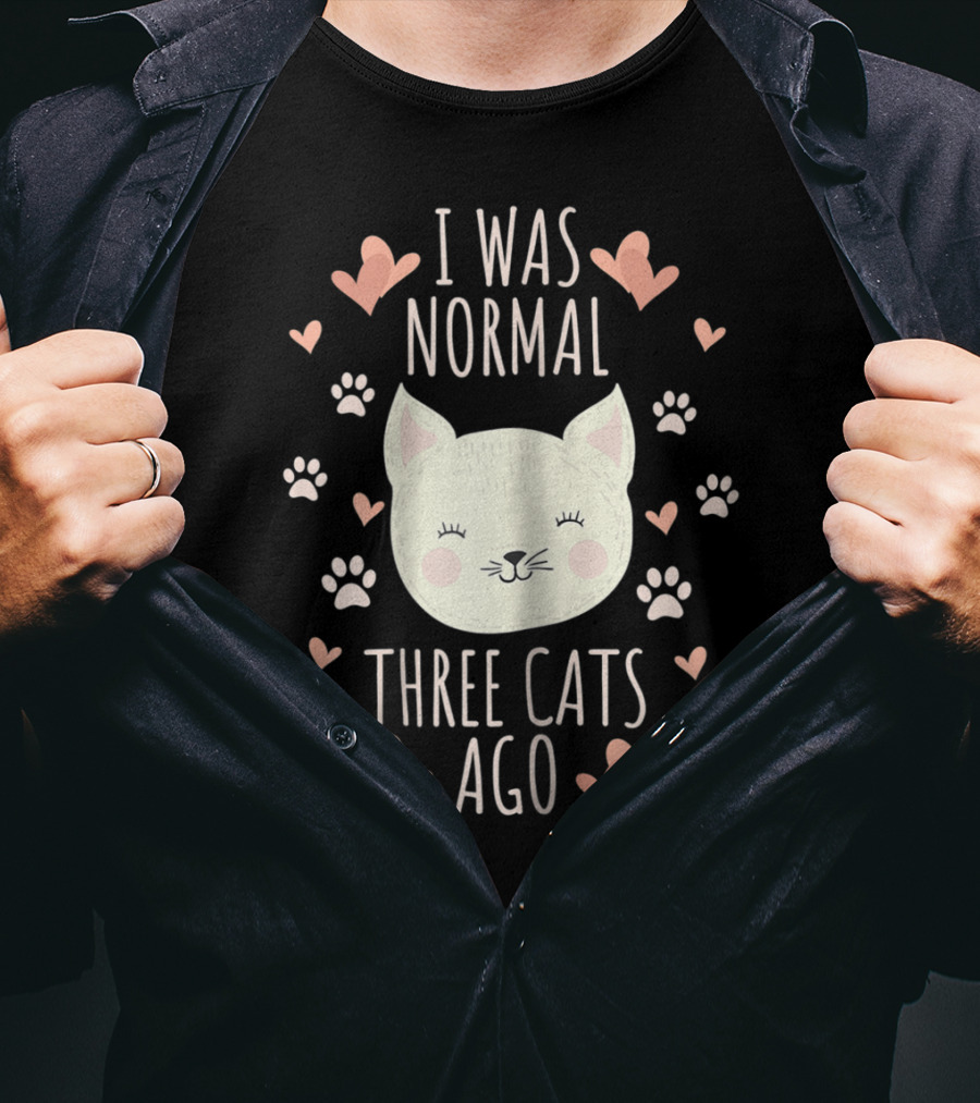 I Was Normal Three Cats Ago Cat Mom Crazy Cat Lady Hearts And Paw Prints T-Shirt