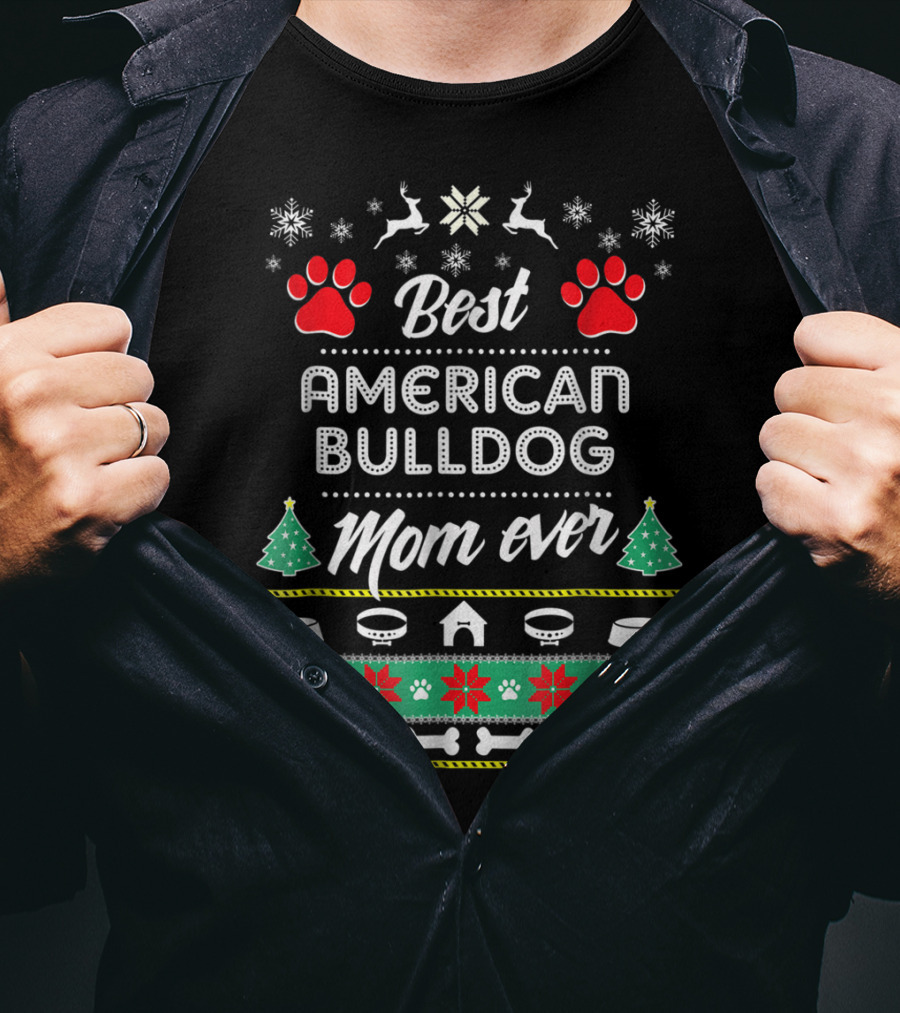 Best American Bulldog Mom Ever Christmas Sweater Style With Paw Prints And Snowflakes T-Shirt
