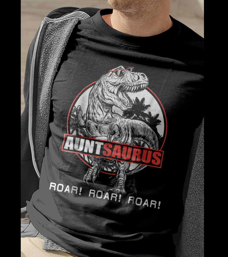 Auntsaurus Roar Roar Roar Dinosaur With Sunglasses And Palm Trees T-Shirt