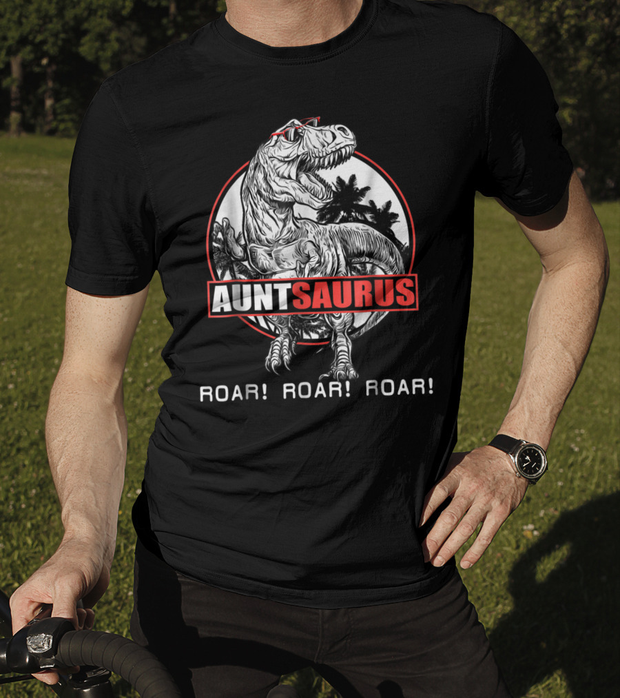 Auntsaurus Roar Roar Roar Dinosaur With Sunglasses And Palm Trees T-Shirt