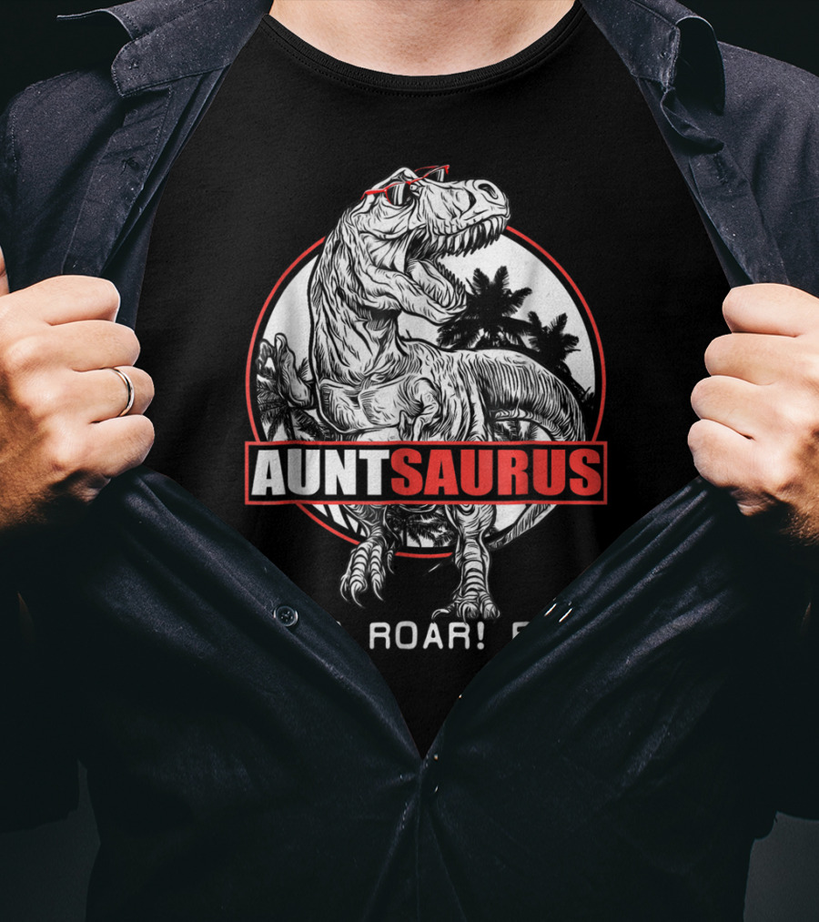 Auntsaurus Roar Roar Roar Dinosaur With Sunglasses And Palm Trees T-Shirt
