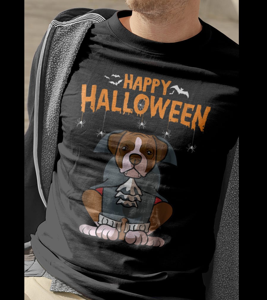 Happy Halloween Funny Boxer Dog Costume With Bats And Spiders T-Shirt