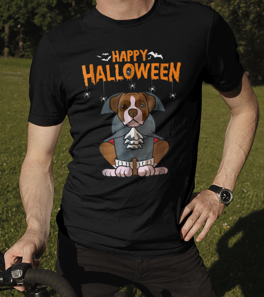 Happy Halloween Funny Boxer Dog Costume With Bats And Spiders T-Shirt