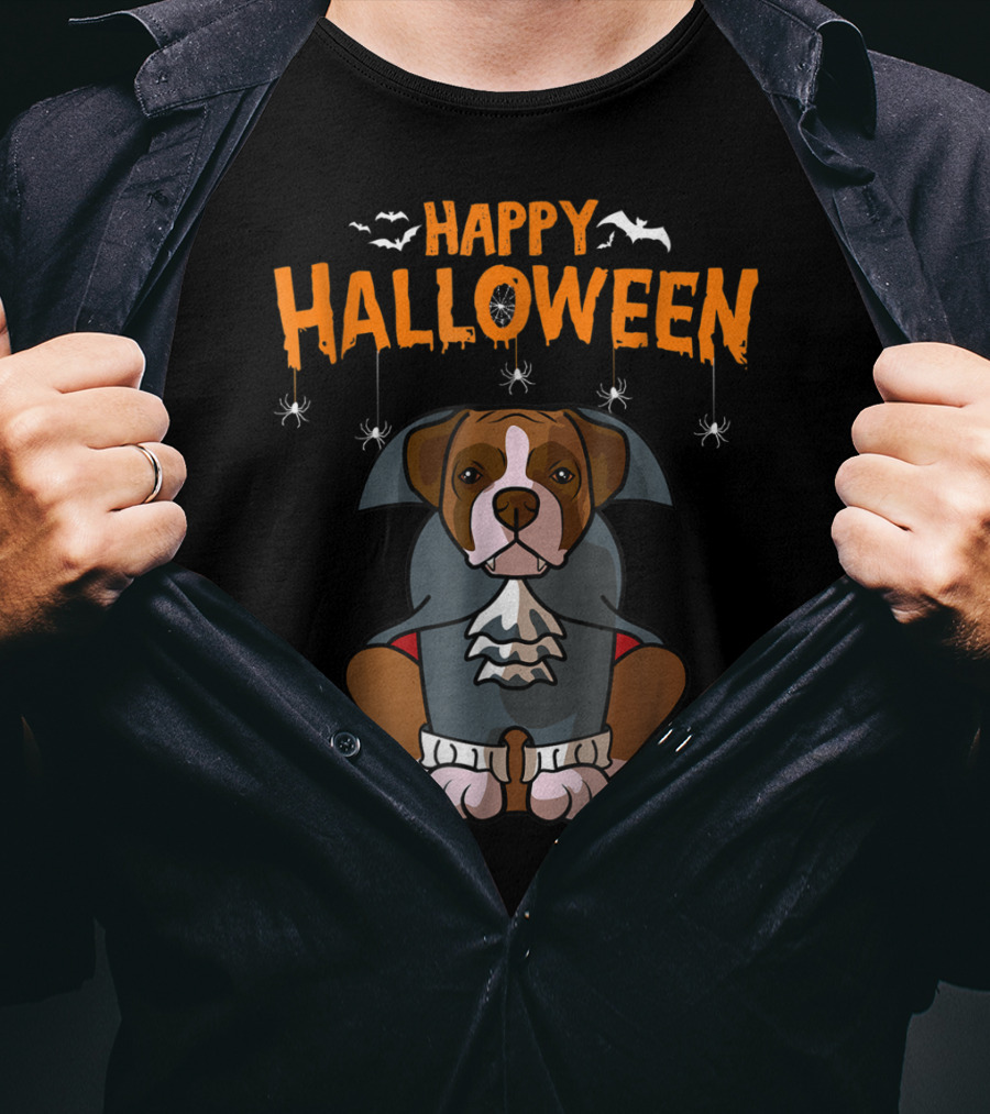 Happy Halloween Funny Boxer Dog Costume With Bats And Spiders T-Shirt