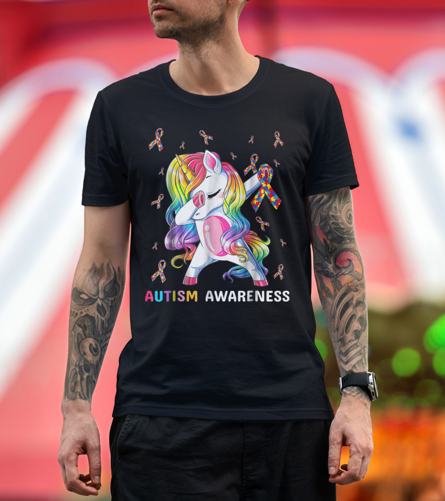 Autism Awareness Unicorn Dabbing with Rainbow Puzzle Ribbons T-Shirt