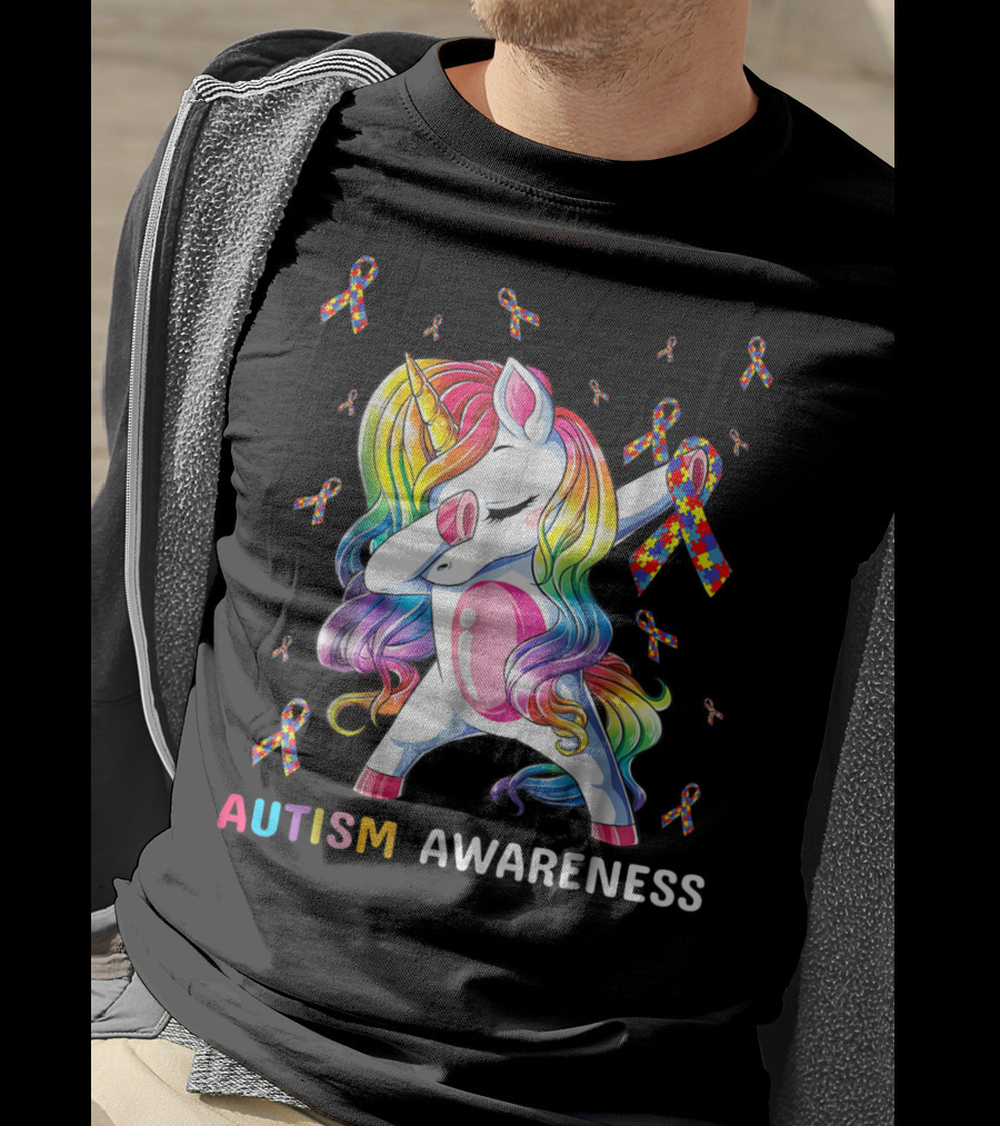 Autism Awareness Unicorn Dabbing With Rainbow Puzzle Ribbons T-Shirt
