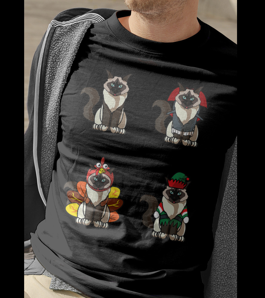 Birman Cat Dracula Turkey Elf Halloween Thanksgiving Christmas T-Shirt